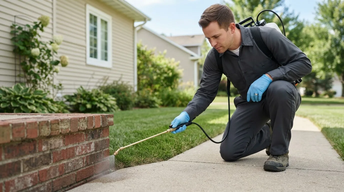 Pest control technician treating a home near Richmond, IN